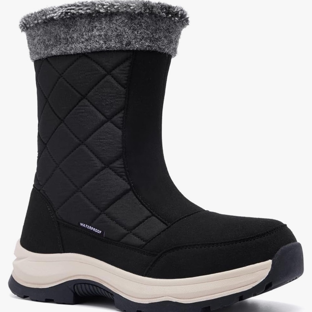 Black and Gray Quilted Winter Boots with Furry Lining